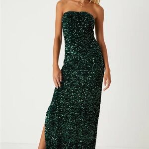Lulu's Green Sequin Strapless Maxi Dress